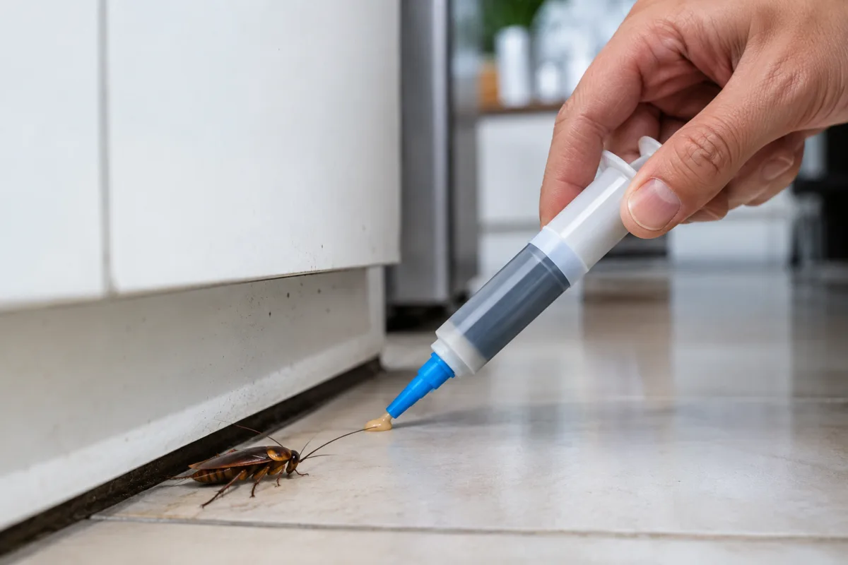 Application méthodique d'une goutte de gel insecticide incolore sous un évier en inox