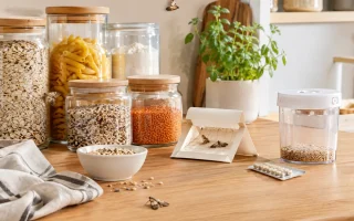 Placard de cuisine ouvert montrant des bocaux en verre alignés et des étagères parfaitement propres