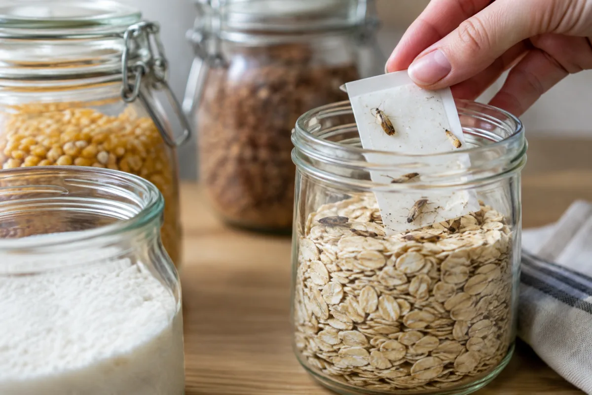 Gros plan sur un bocal en verre hermétique contenant du riz sans aucune larve