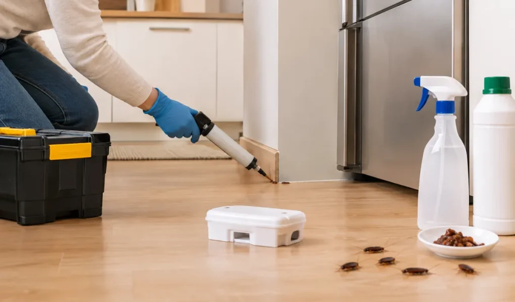 Cuisine moderne propre et rangée où un spécialiste inspecte discrètement sous le plan de travail