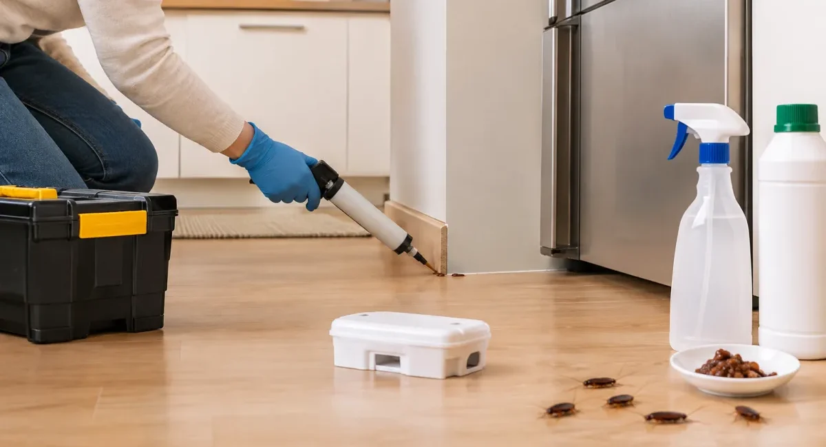 Cuisine moderne propre et rangée où un spécialiste inspecte discrètement sous le plan de travail