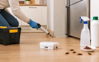 Cuisine moderne propre et rangée où un spécialiste inspecte discrètement sous le plan de travail